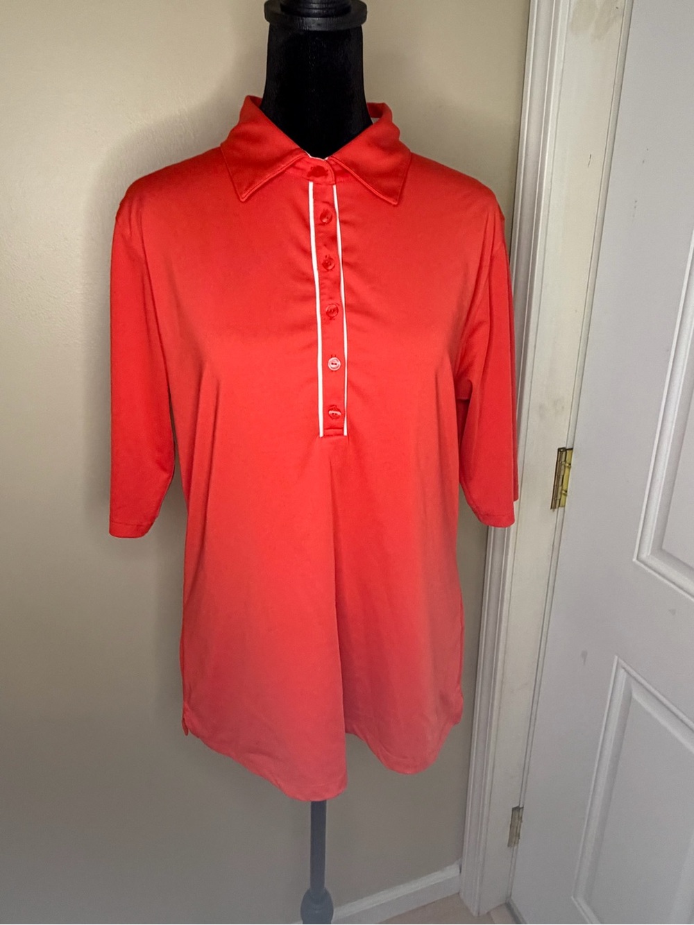 Callaway Women Large Coral Orange 3/4 Sleeve Golf Polo Shirt White Trim